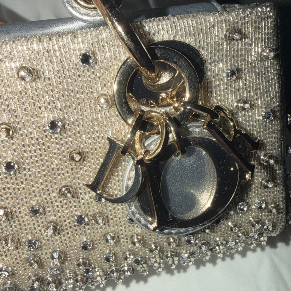 DIOR LADY D-JOY MICRO BAG SILVER-GOLD HW SATIN GRADIENT BEAD EMBROIDERY PRELOVED - Picture 3 of 13